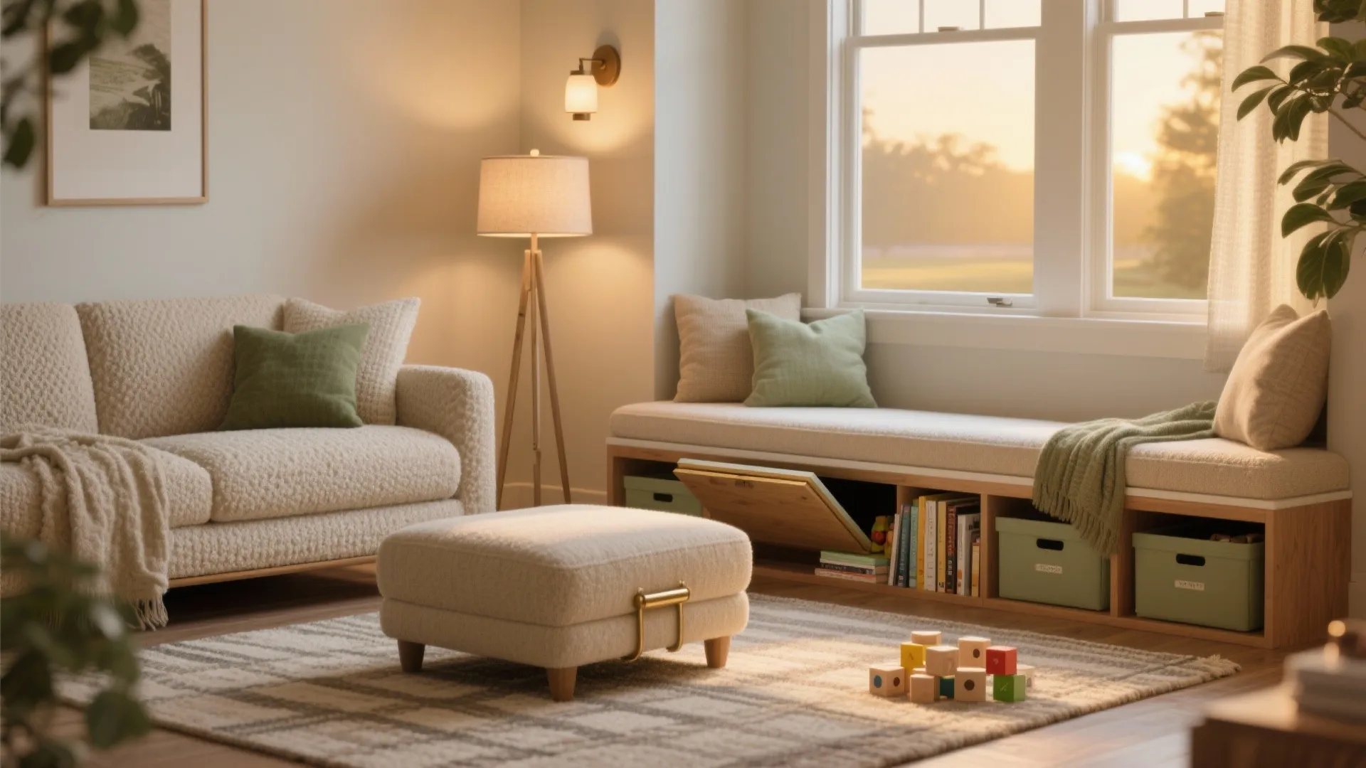 Calming Palette, Soft Lighting, and Hidden Storage Seating