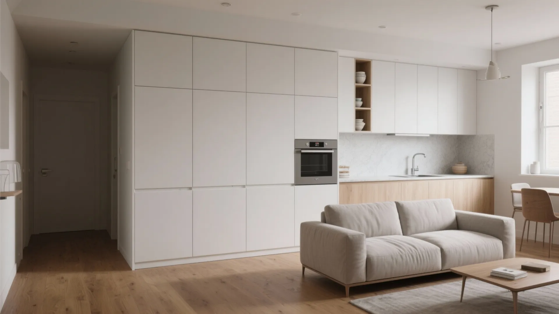 Minimalist flush storage wall behind sofa and wrapping kitchen uppers in a compact studio, matte fronts, oak floors.