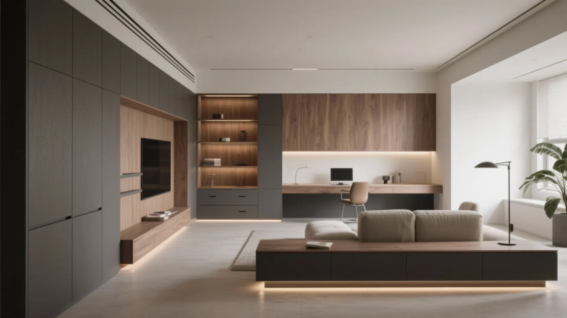 Modern living room with dark cabinets wooden shelves long desk beige sofa and floor lamp