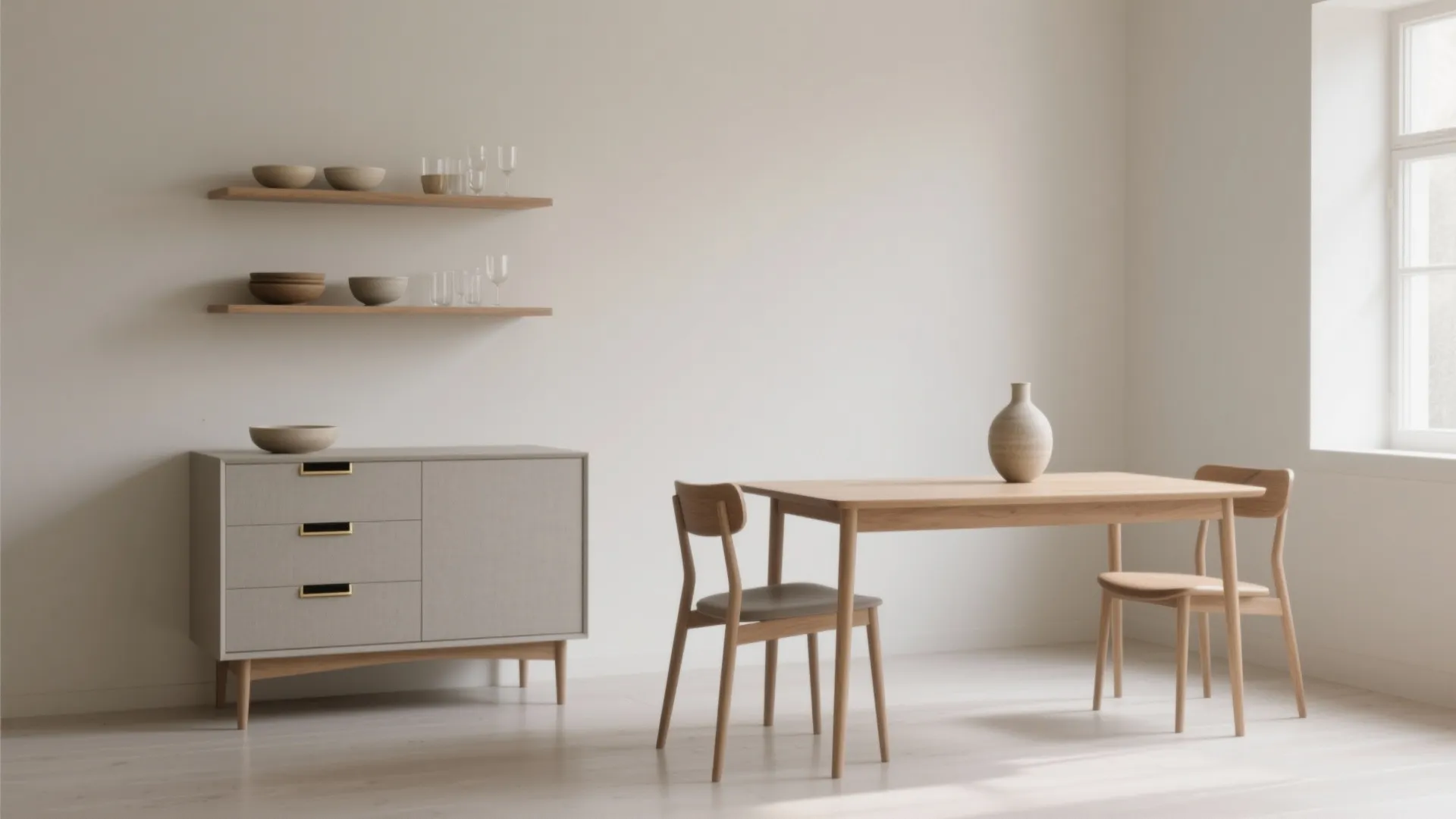 Minimalist dining room with wooden table two chairs grey cabinet wall shelves and natural light