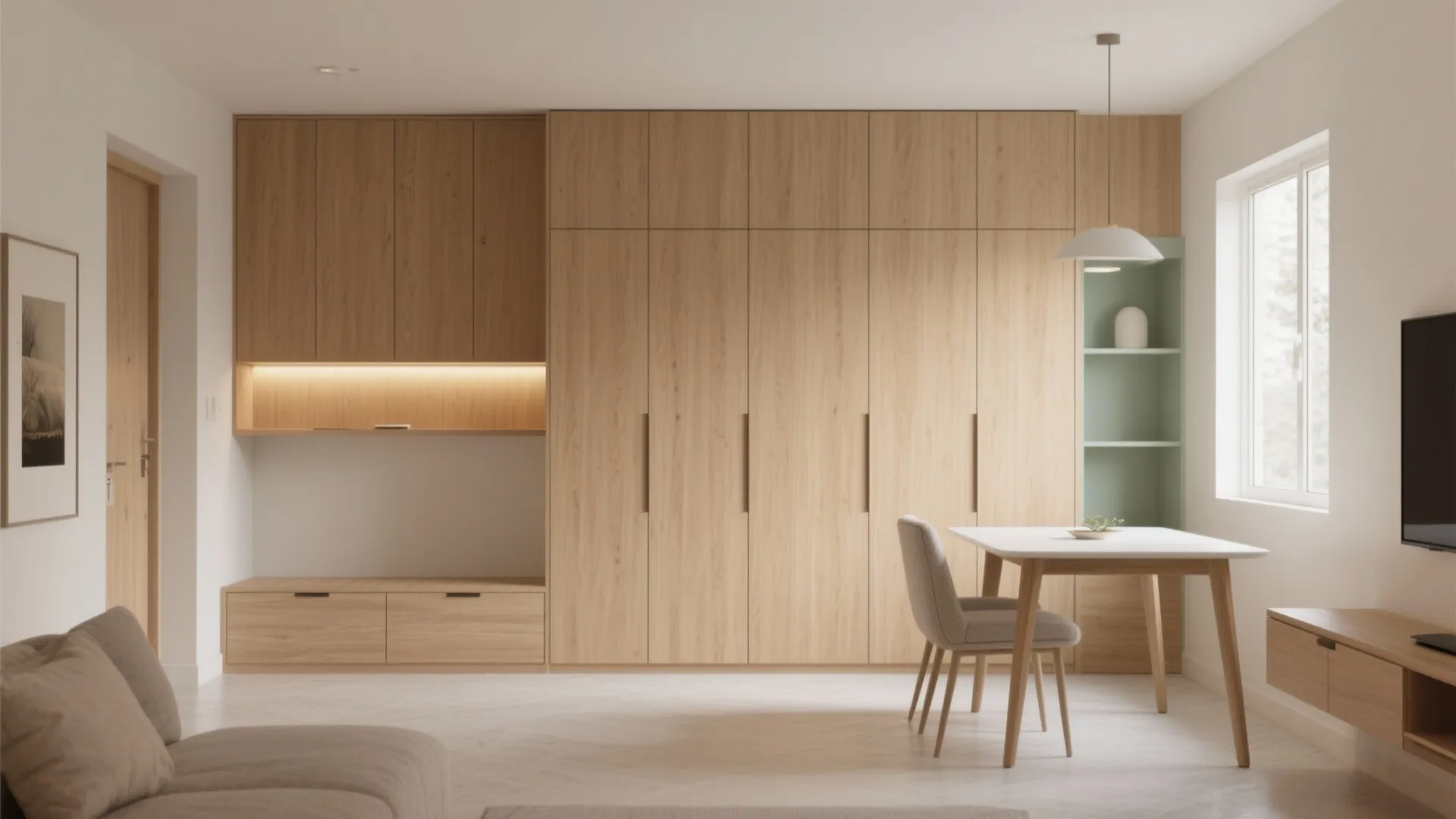 Minimalist Storage Wall for a Calm Living-Dining