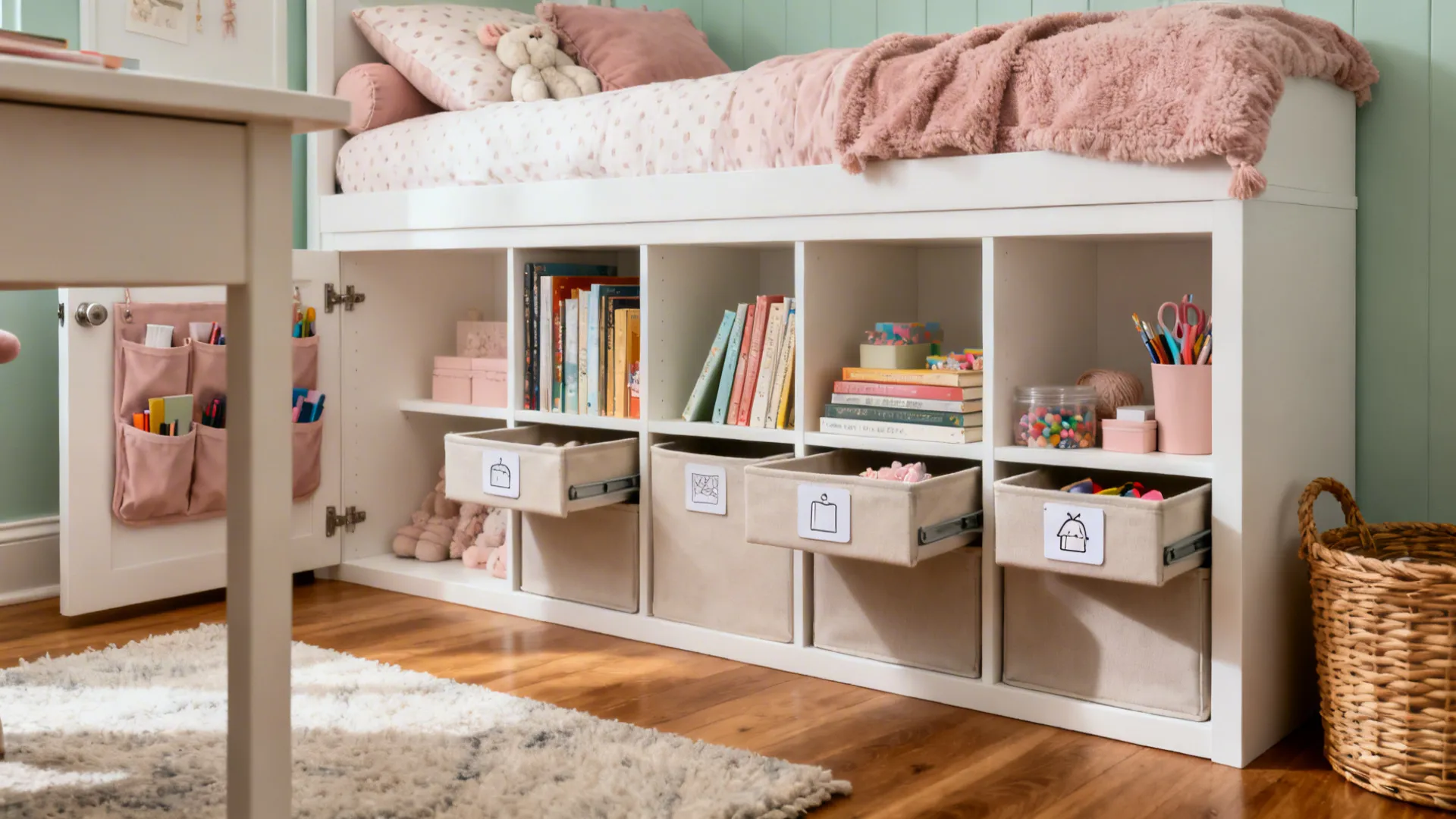 Low open shelves with neutral bins and organized craft storage in a calm girls’ room.