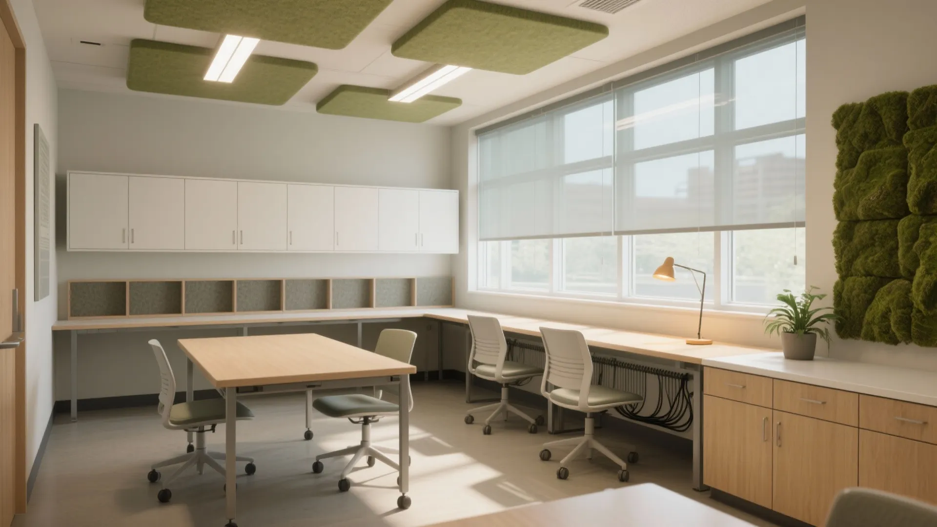 Modern office interior with long wood desk grey chairs green wall panels and large windows