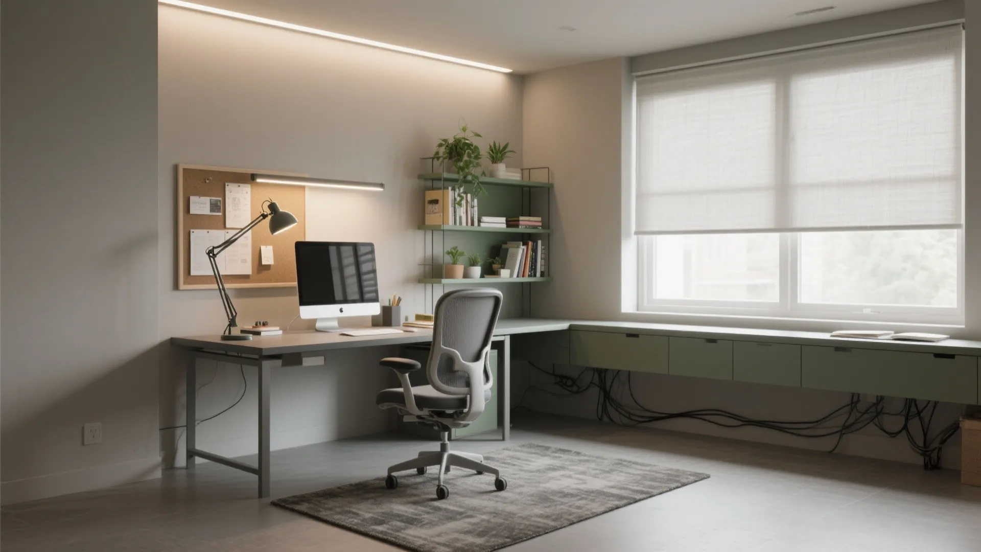 Minimalist home office with grey desk, computer, mesh chair, green shelves, and natural window light