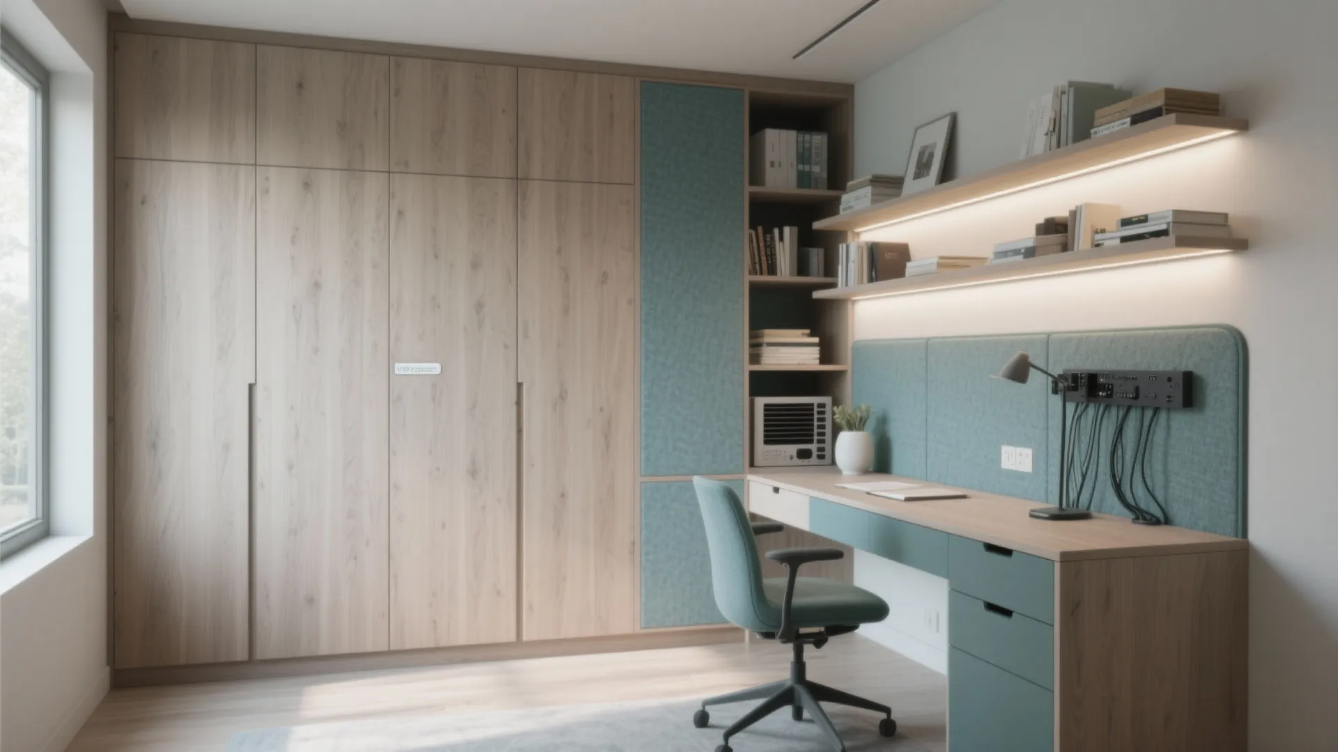 Modern study room with wooden cabinets teal desk chair wall shelves light fixture and window