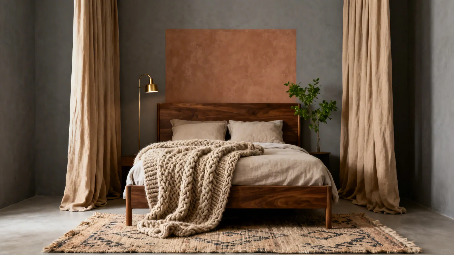 Warm gray 10x16 guest room with sand drapes, walnut headboard, and layered textures in a neutral palette.