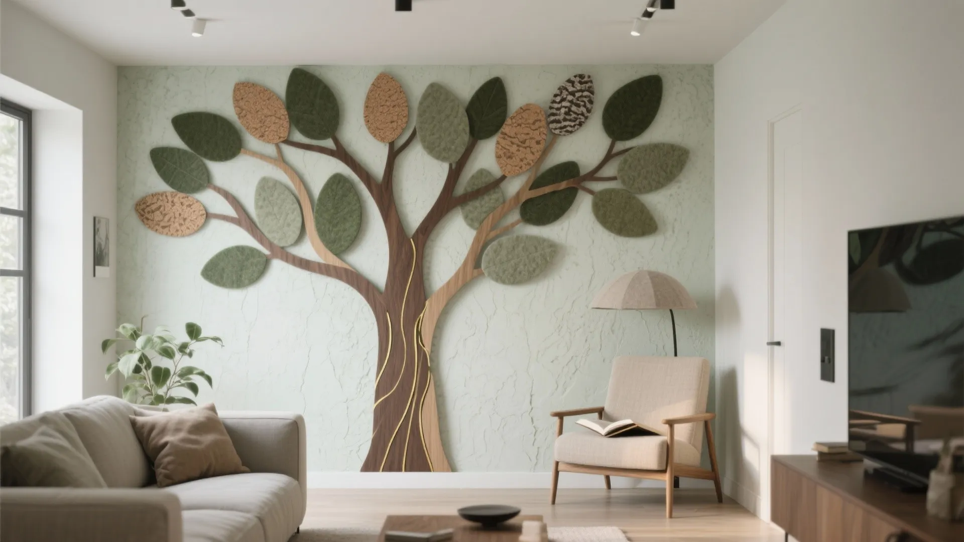 Living room with tree wall art, beige sofa, wooden armchair, floor lamp and green wall