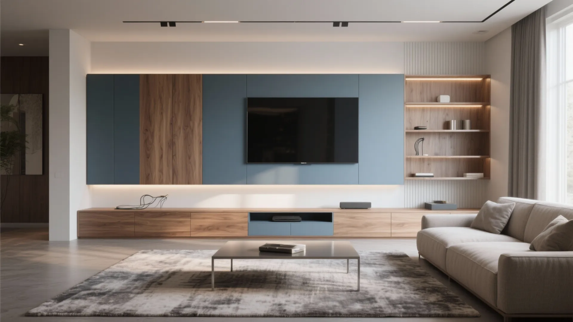 Modern living room showing blue wall panel, television, wooden cabinet, beige sofa, and grey rug