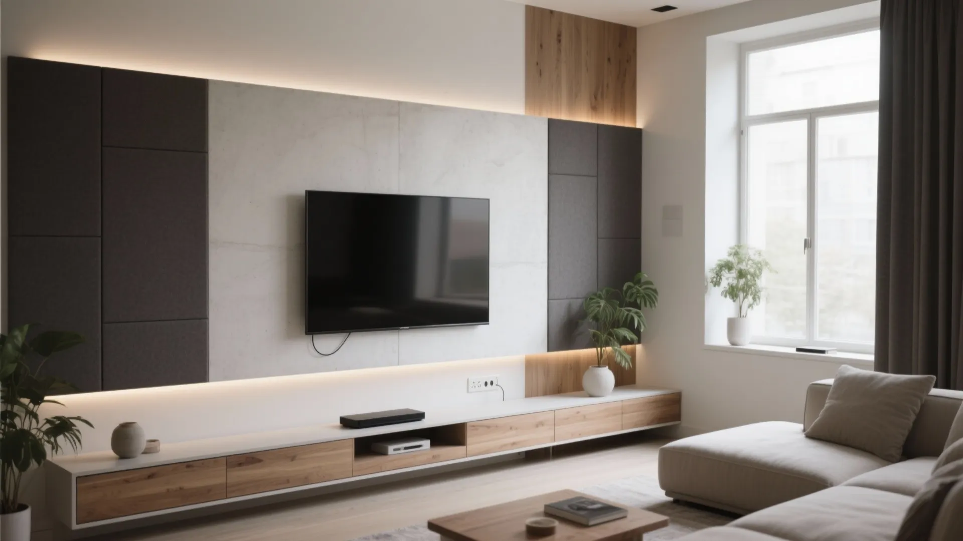 Minimalist living room with wall mounted television on marble panel surrounded by warm hidden lighting