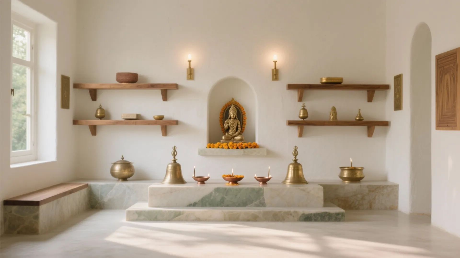 Serene prayer room with white walls wooden shelves brass bells gold statue and soft wall light
