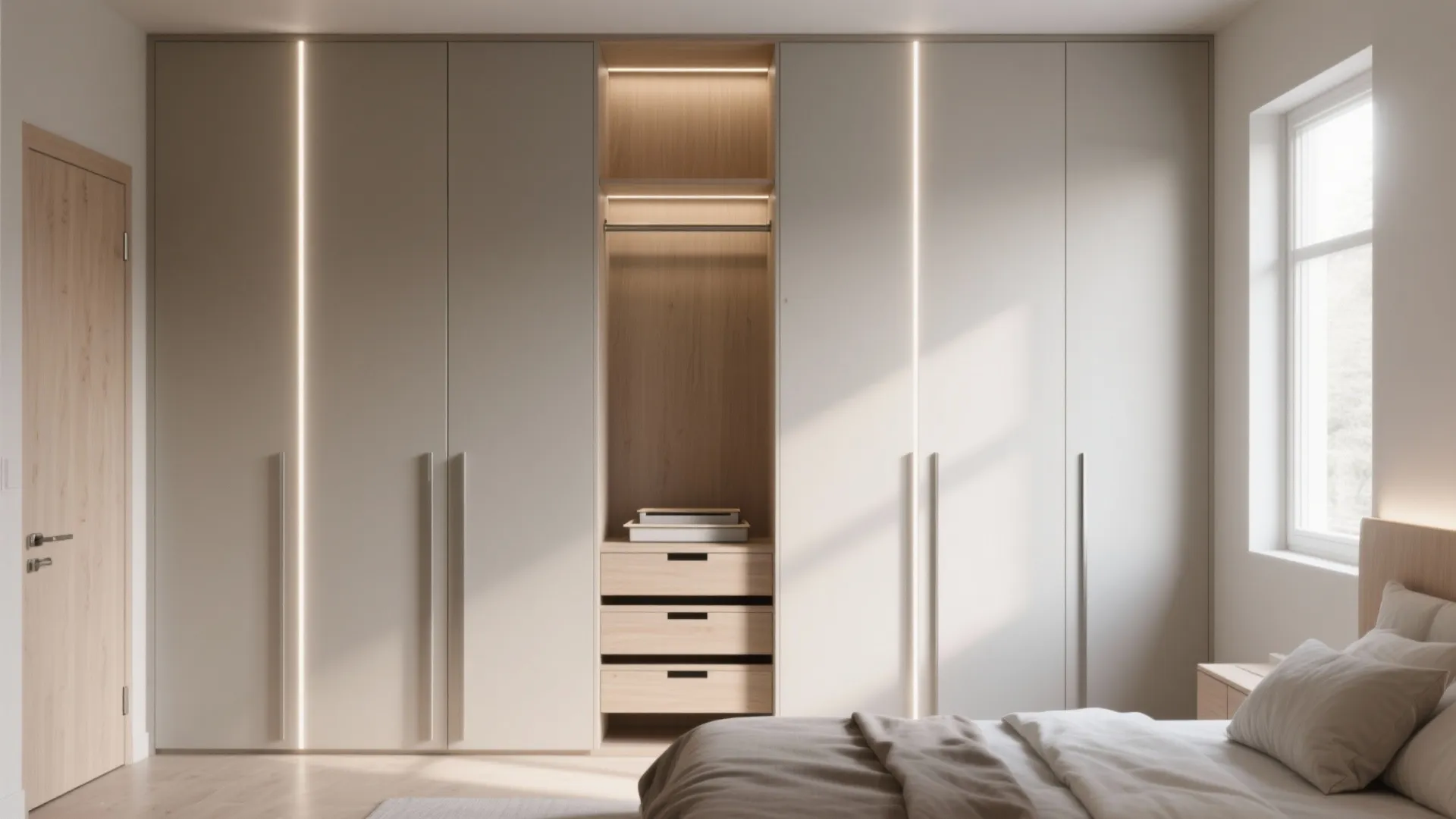 Modern cream bedroom closet with integrated vertical lighting and open wooden shelves for organized clothes storage
