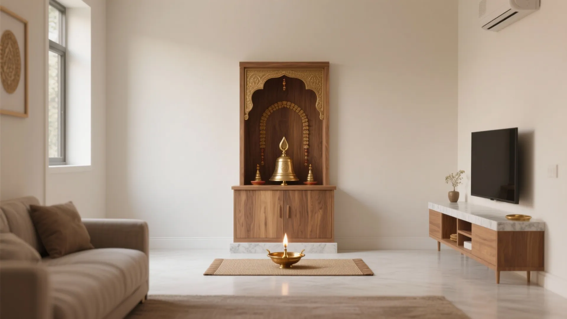 Calm Neutrals with Warm Wood for the Mandir