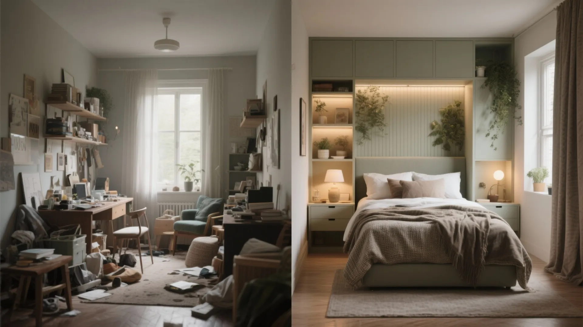Before-and-after comparison of a small bedroom transformed into a calming, organized sanctuary.