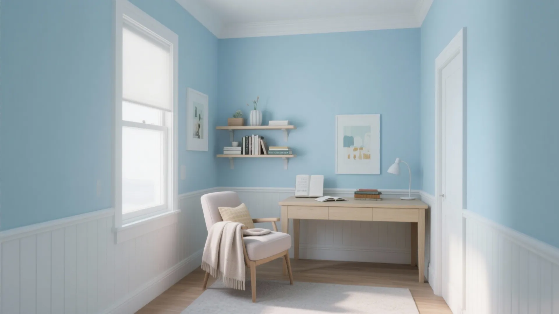 Powder blue study room with pale wood furniture and cozy decor