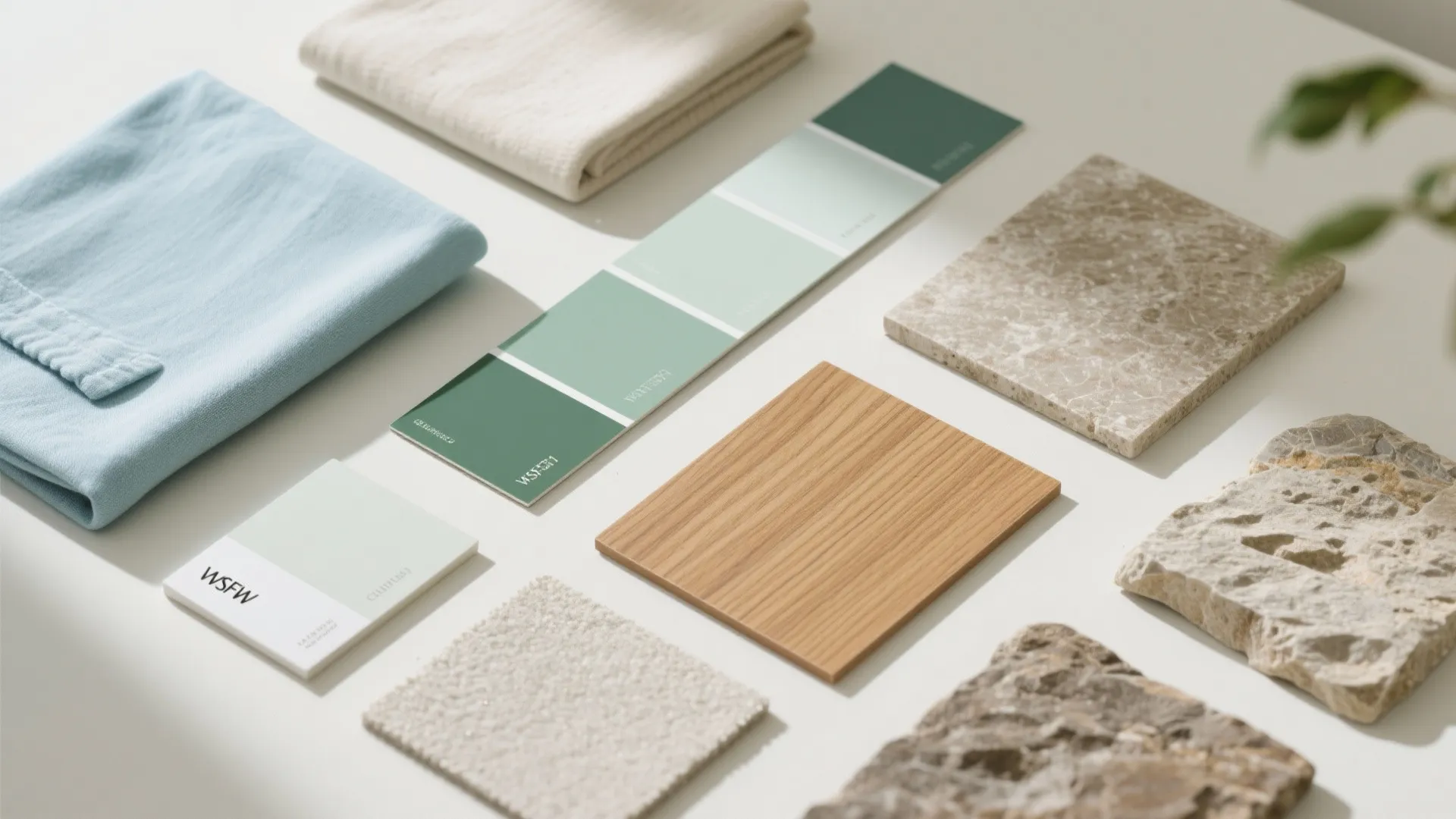 Interior design palette with green color swatches fabric samples wood board and natural stone tiles