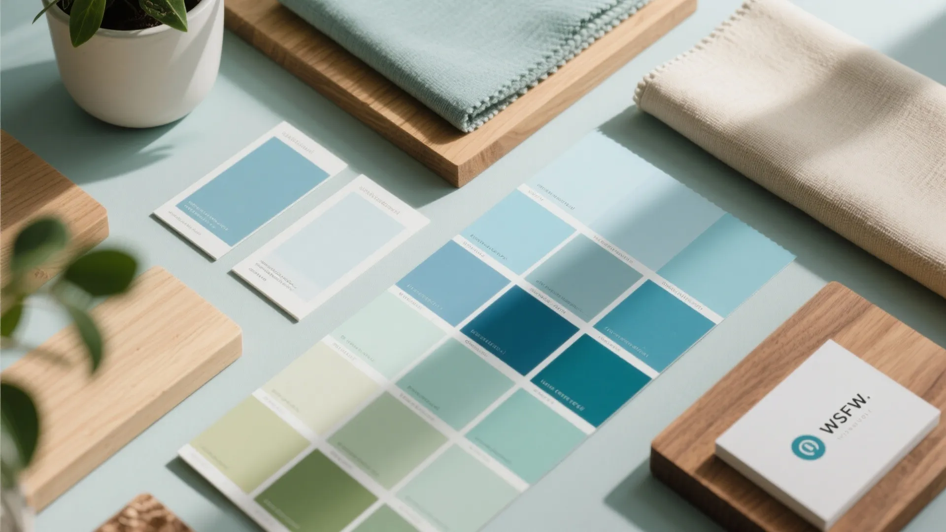 Interior design mood board with blue color palette fabric samples wooden blocks and small green plant