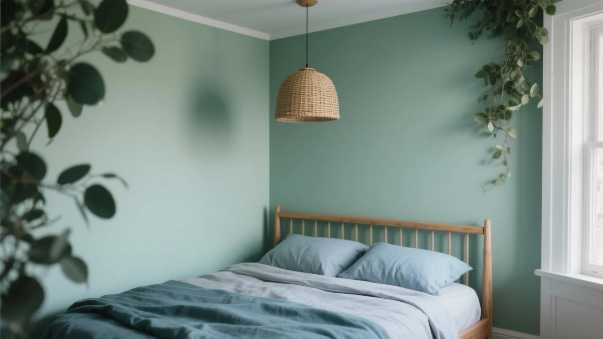 Bedroom with green walls wooden bed woven ceiling light green plants and natural window light