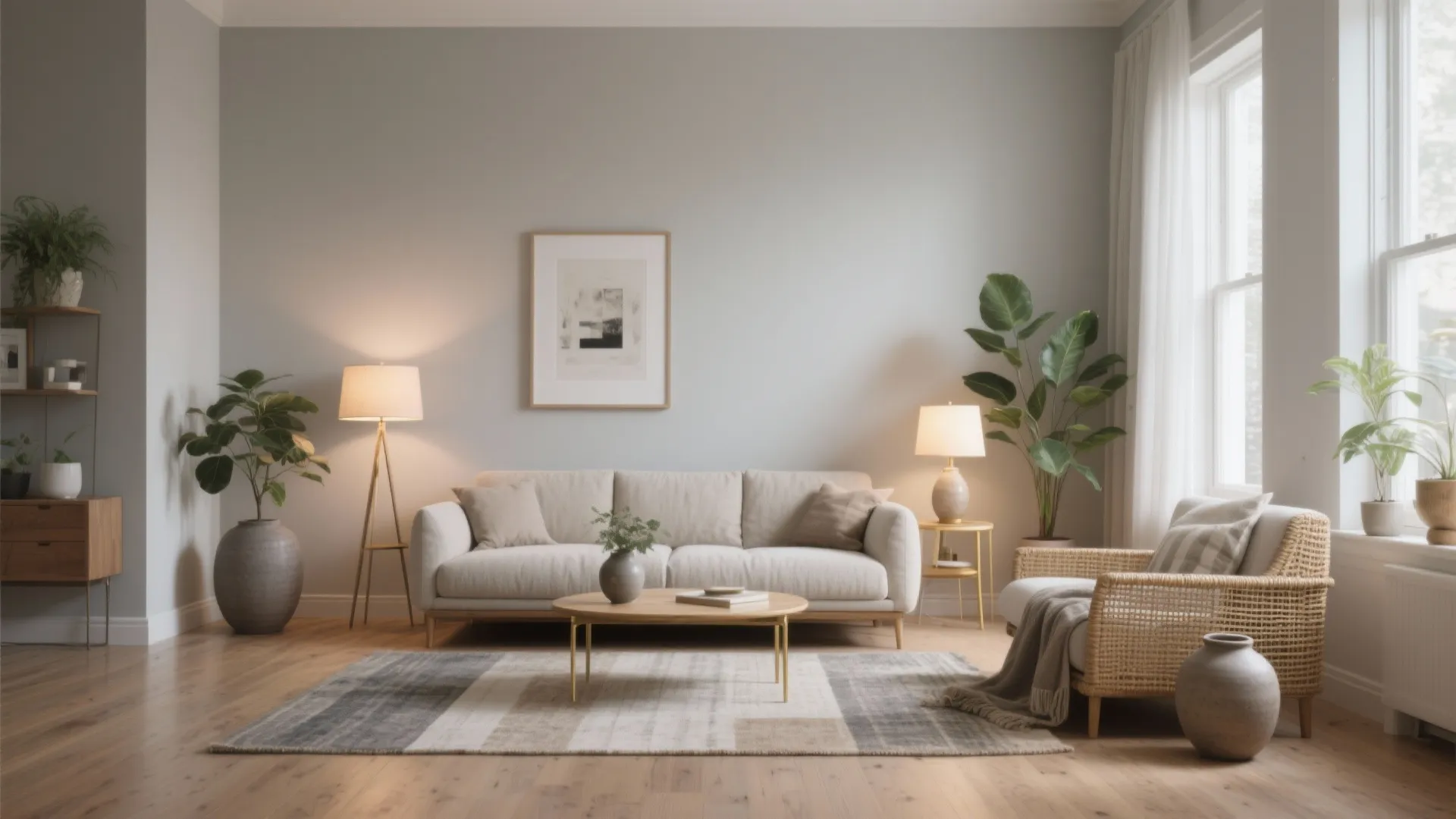 Minimalist living room with beige sofa wooden coffee table plants floor lamp and neutral rug