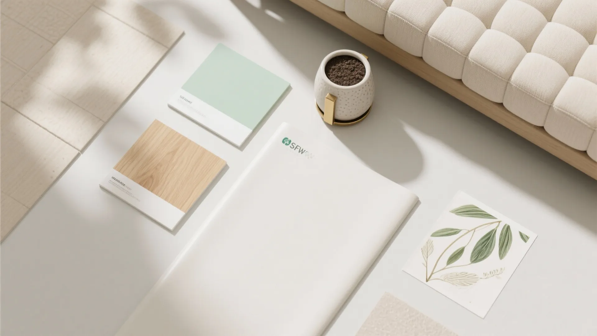 Flat lay of interior design materials with wood tile green paint sample fabric and small plant