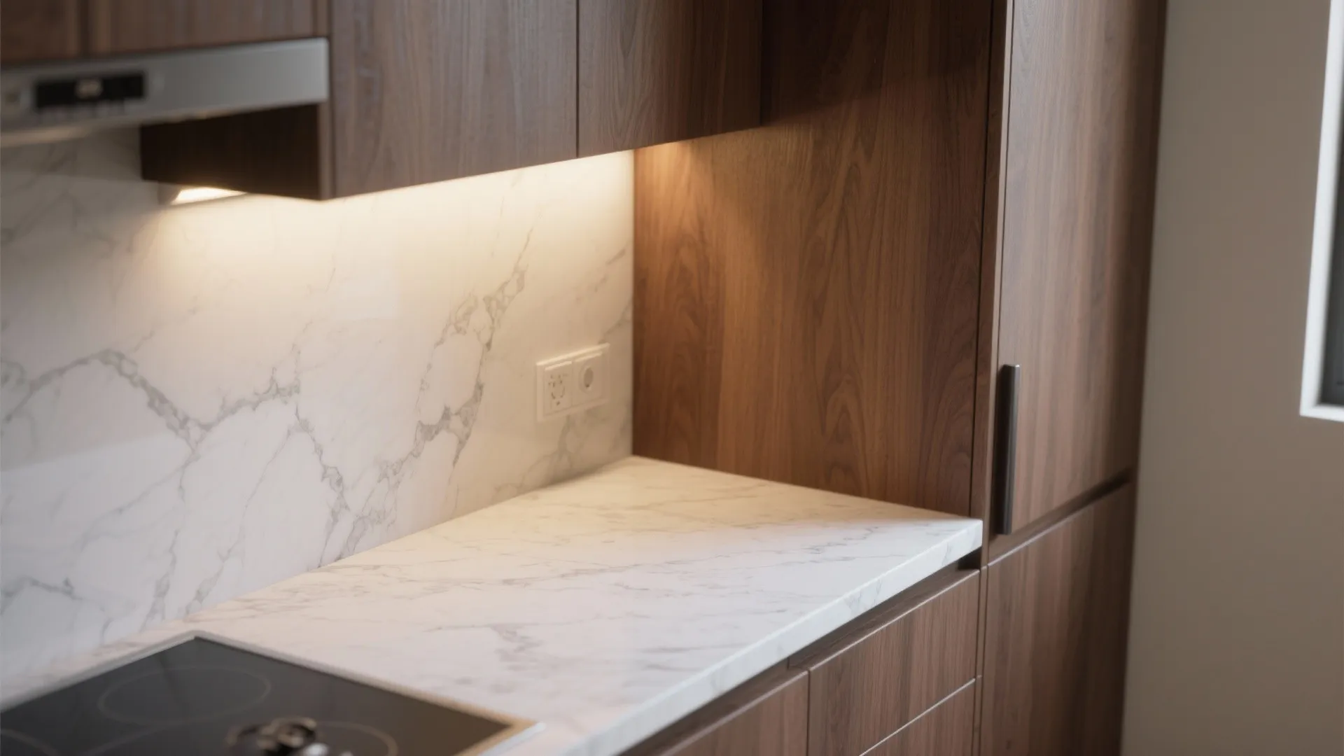 Honed white granite countertop with mid-tone walnut cabinets in a cozy small kitchen.