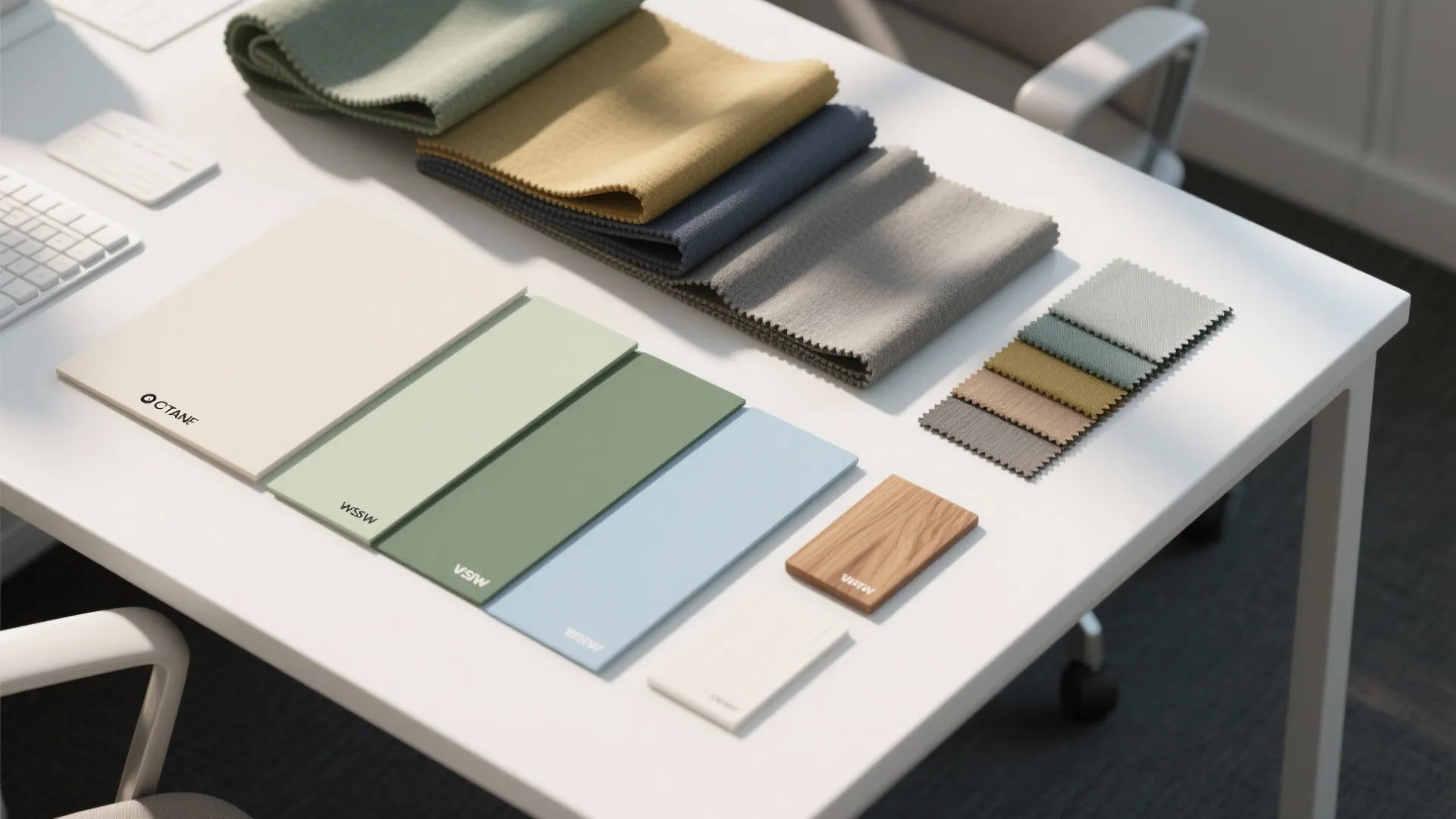 Interior design mood board with colorful fabric samples paint swatches and wood material on table