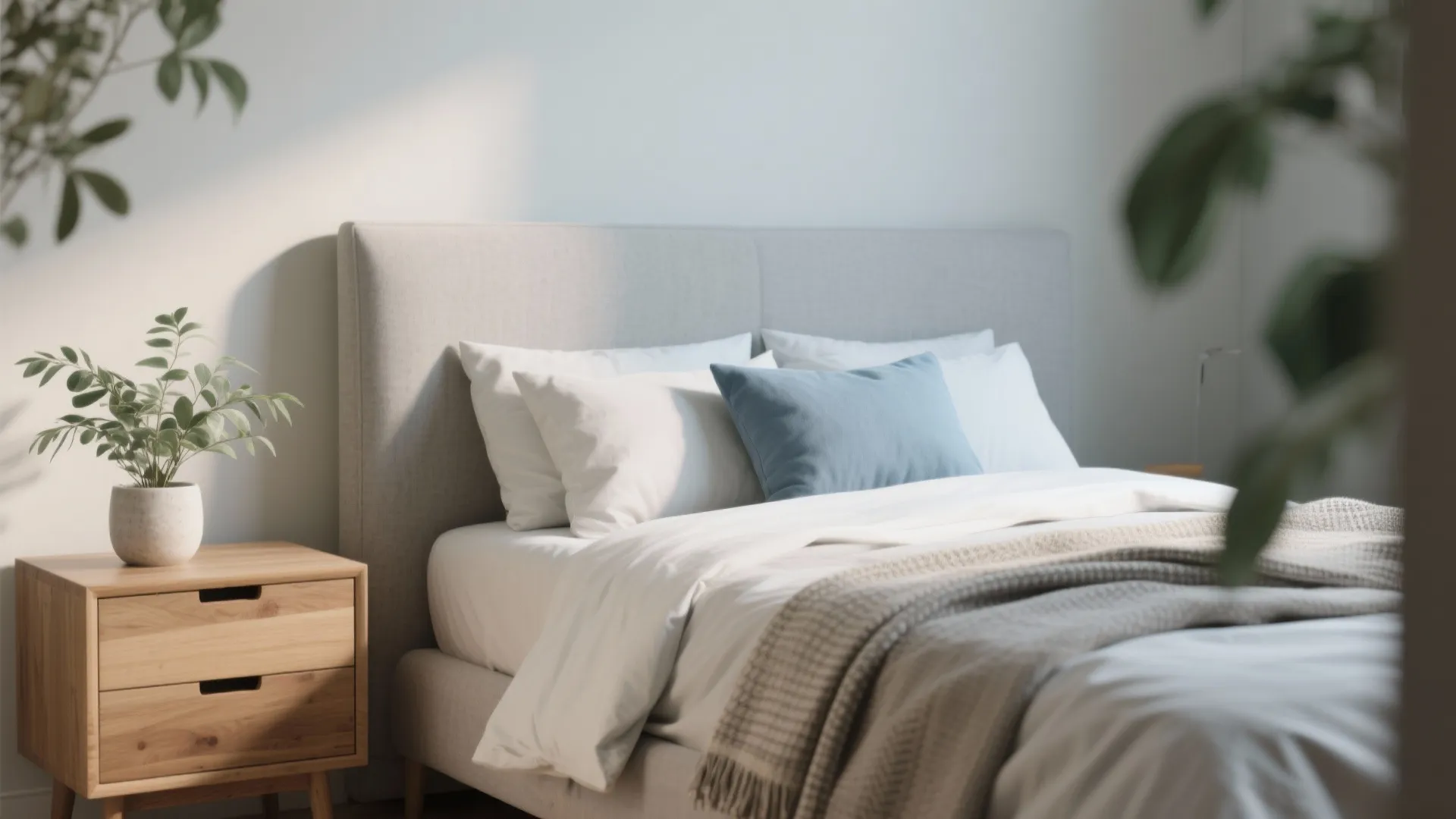Modern bedroom with grey fabric bed white pillows blue cushion wooden nightstand and green plants