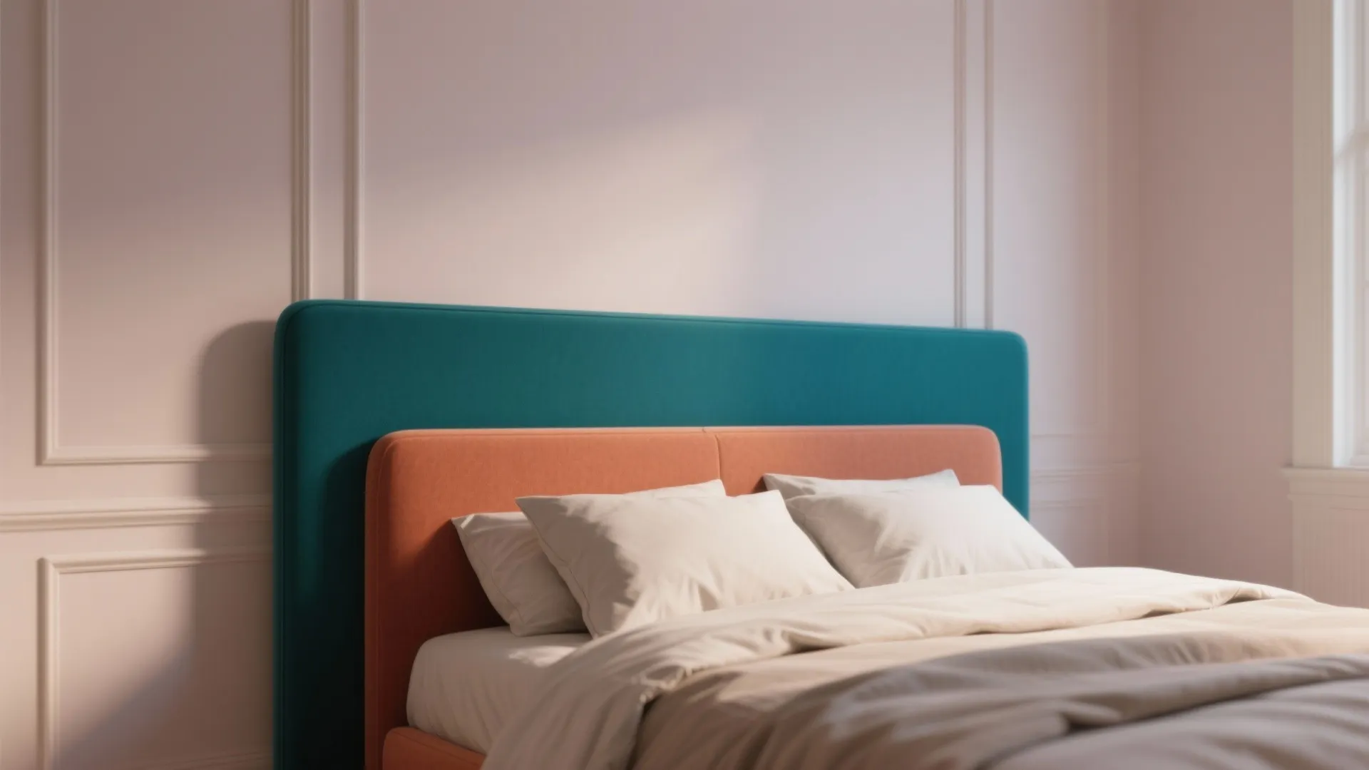 Bedroom with soft neutral palette and a single deep teal accent headboard creating calm contrast