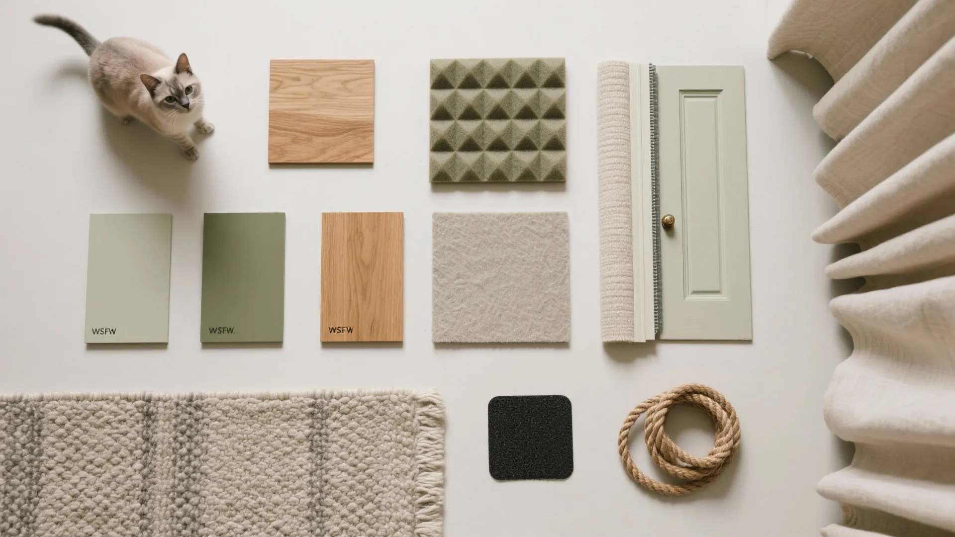 Interior design mood board with green paint swatches wood samples fabric tiles and a cat