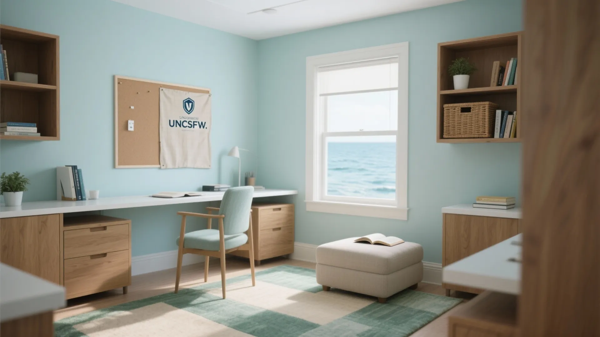 Bright blue study room with wooden desk chair footrest and window showing a blue sea
