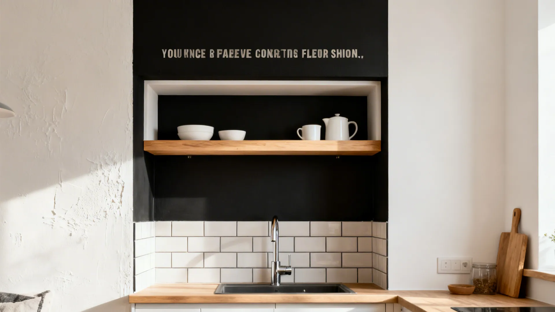 Neutral studio kitchen with a matte black wall quote above a light oak floating shelf.