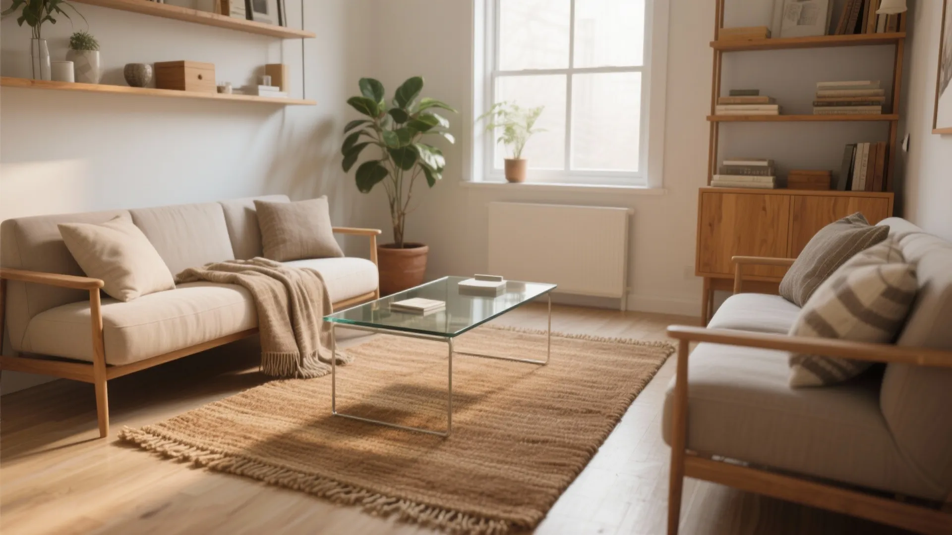 Bright living room featuring two beige sofas glass coffee table brown rug shelves and plant