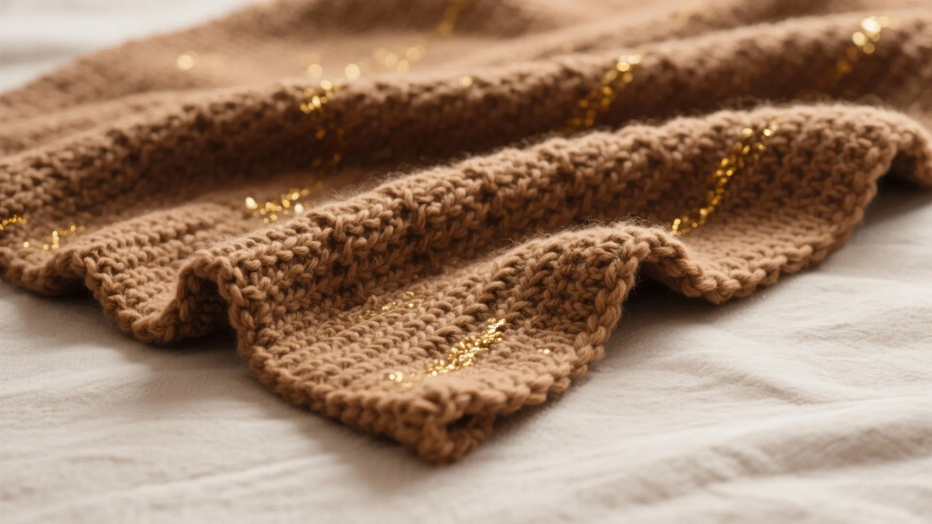 Camel knit throw blanket with subtle gold threads