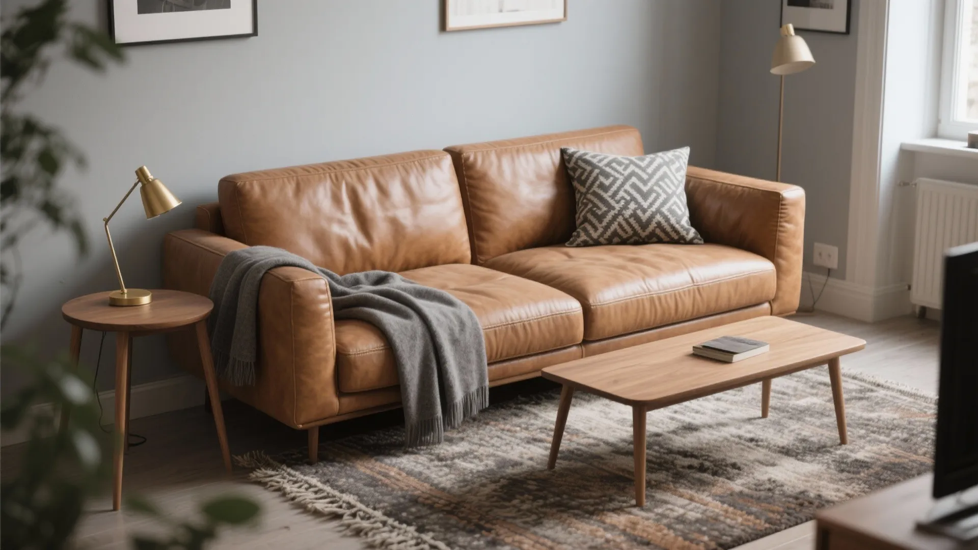 Compact living room with a camel statement sofa, gray throw and patterned pillow