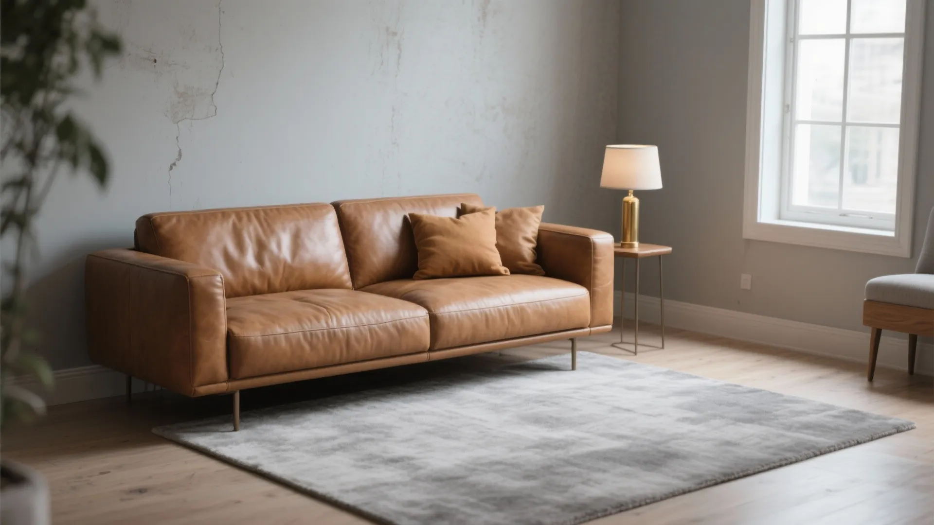 Camel leather sofa anchoring a small living room with soft gray walls and warm accents.