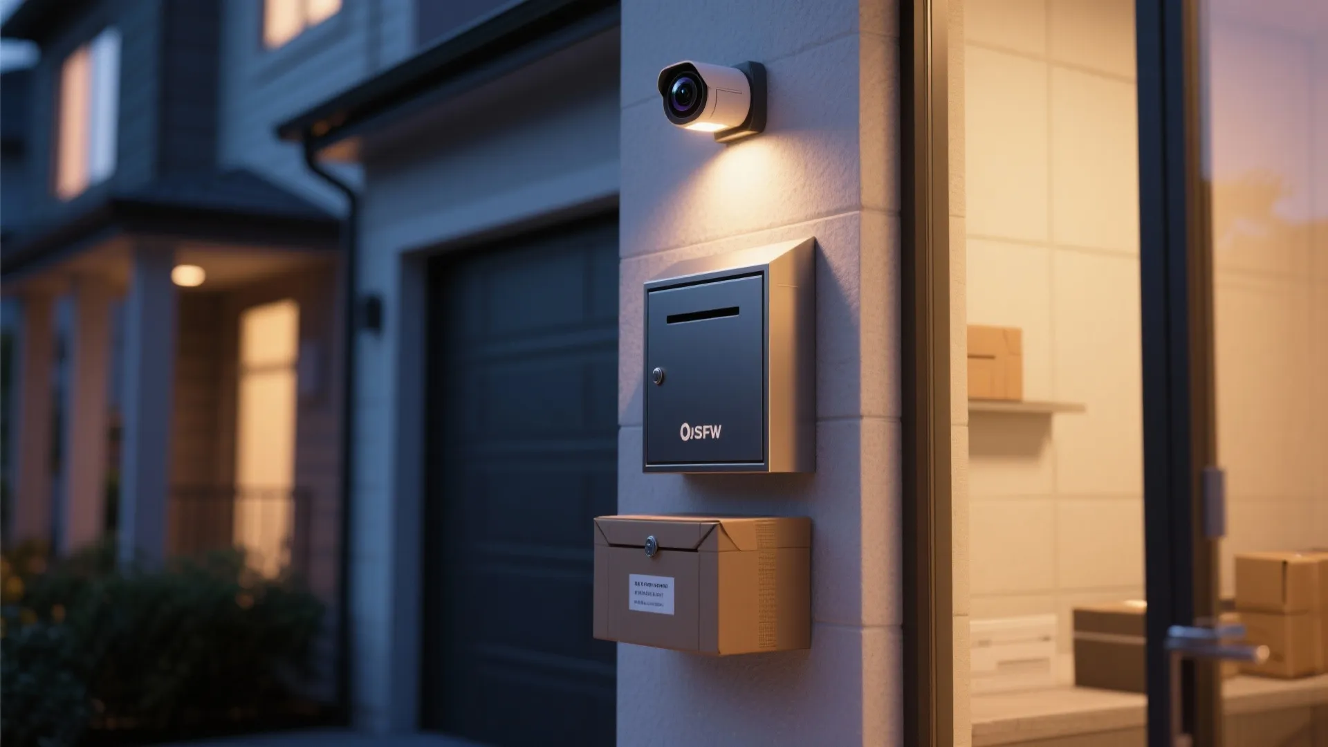 Outdoor security camera with integrated light mounted above a metal mailbox and a delivery package