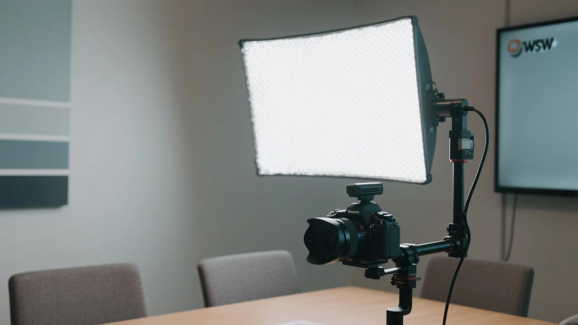 Macro of diffused light panel, matte focal wall, and neatly mounted camera.