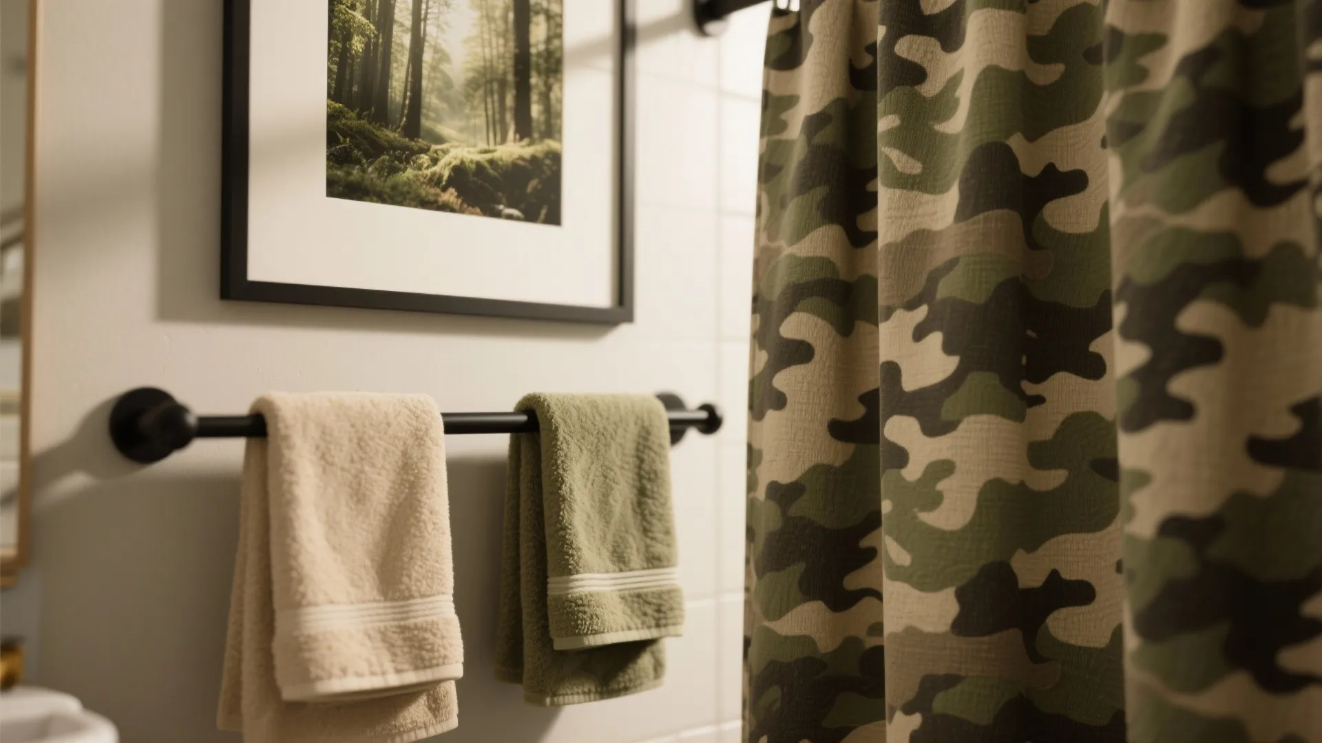 1. Subtle camo accents: textiles and art