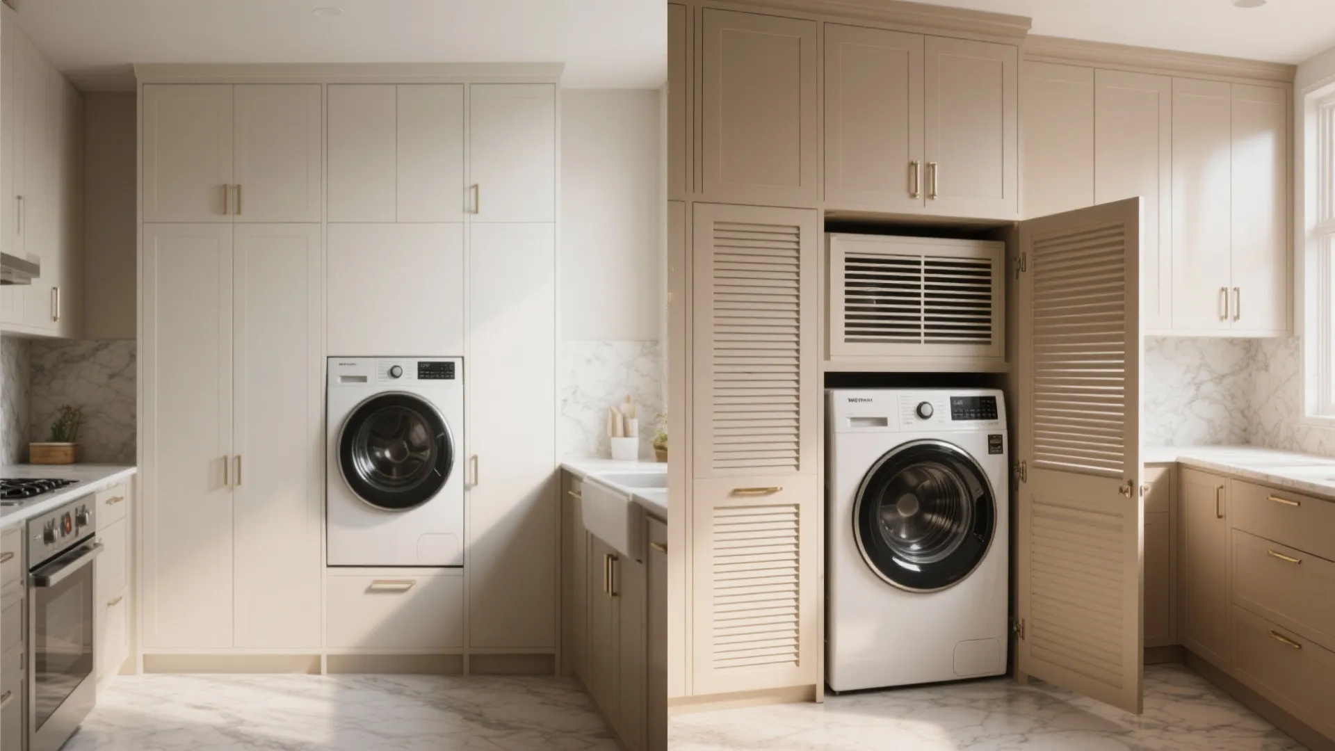 Side by side comparison showing a washing machine hidden behind cream cabinets and open shutter door