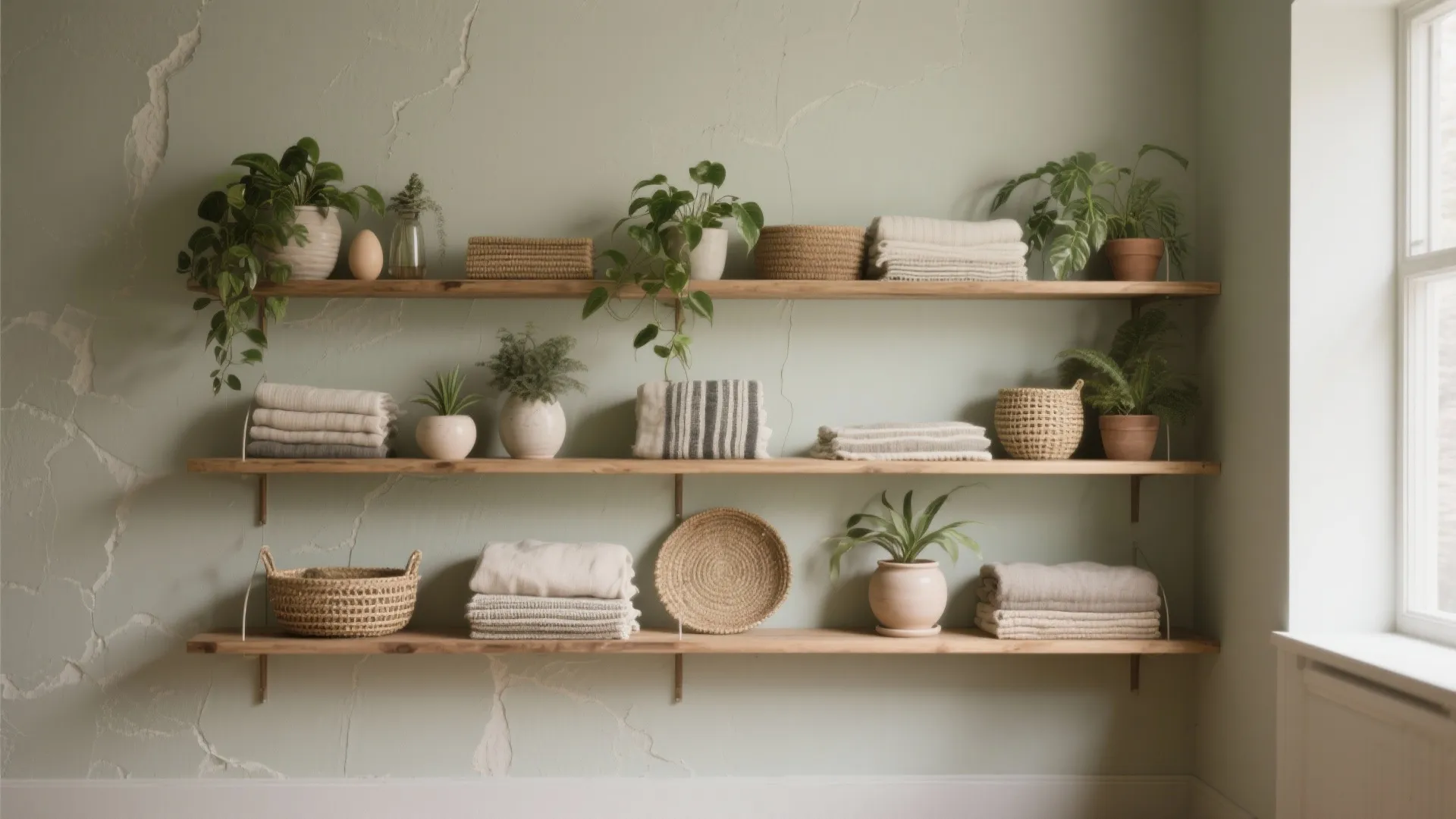 Three wooden shelves on light green wall holding green plants towels and small woven baskets