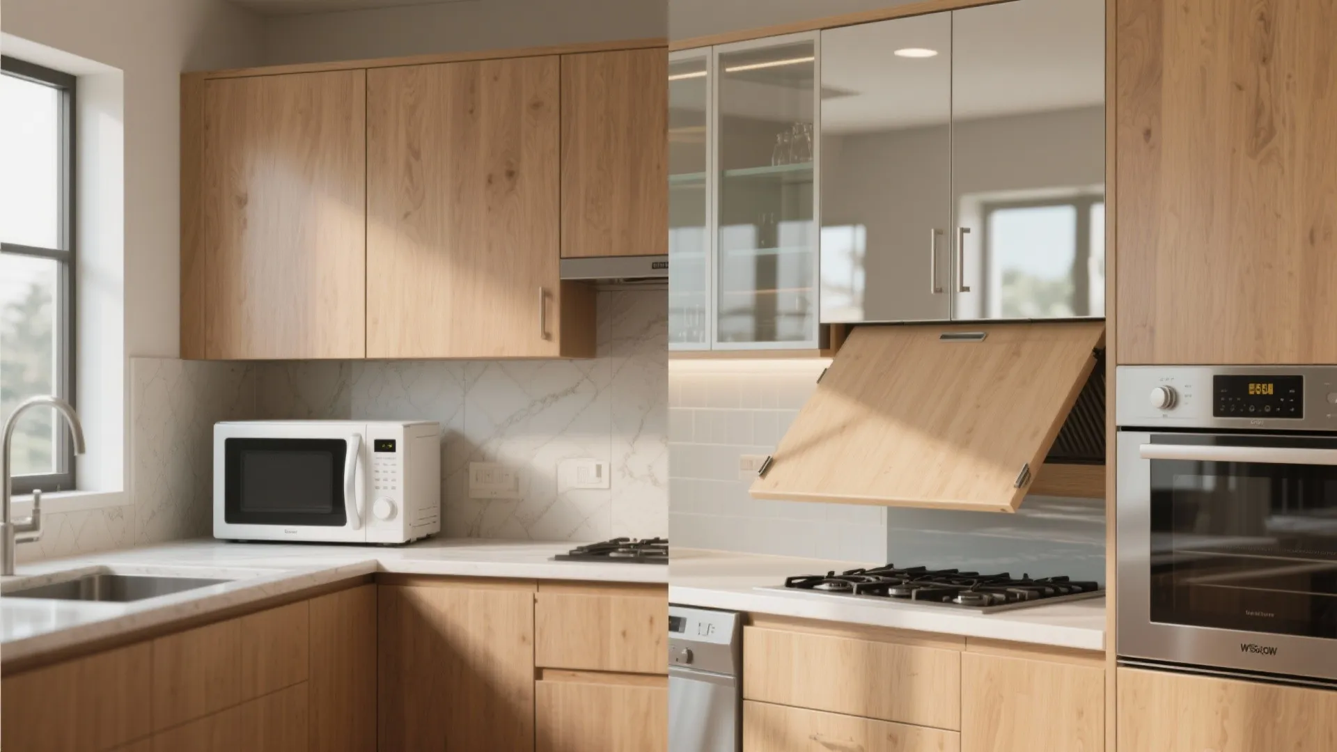 Before-and-after of a microwave hidden behind a lift-up cabinet door with mirrored backsplash for a seamless look.