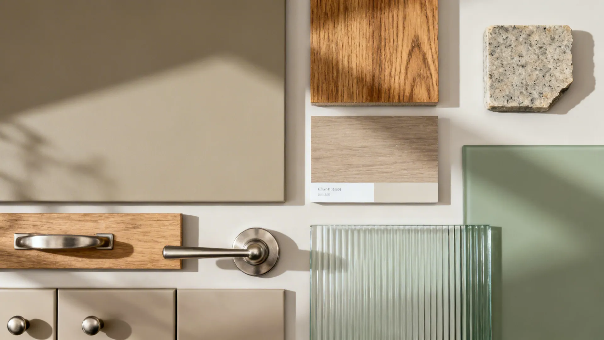 Flat lay of matte paint, oak veneer, brushed metal, reeded glass, and stone samples for a low-contrast kitchen.