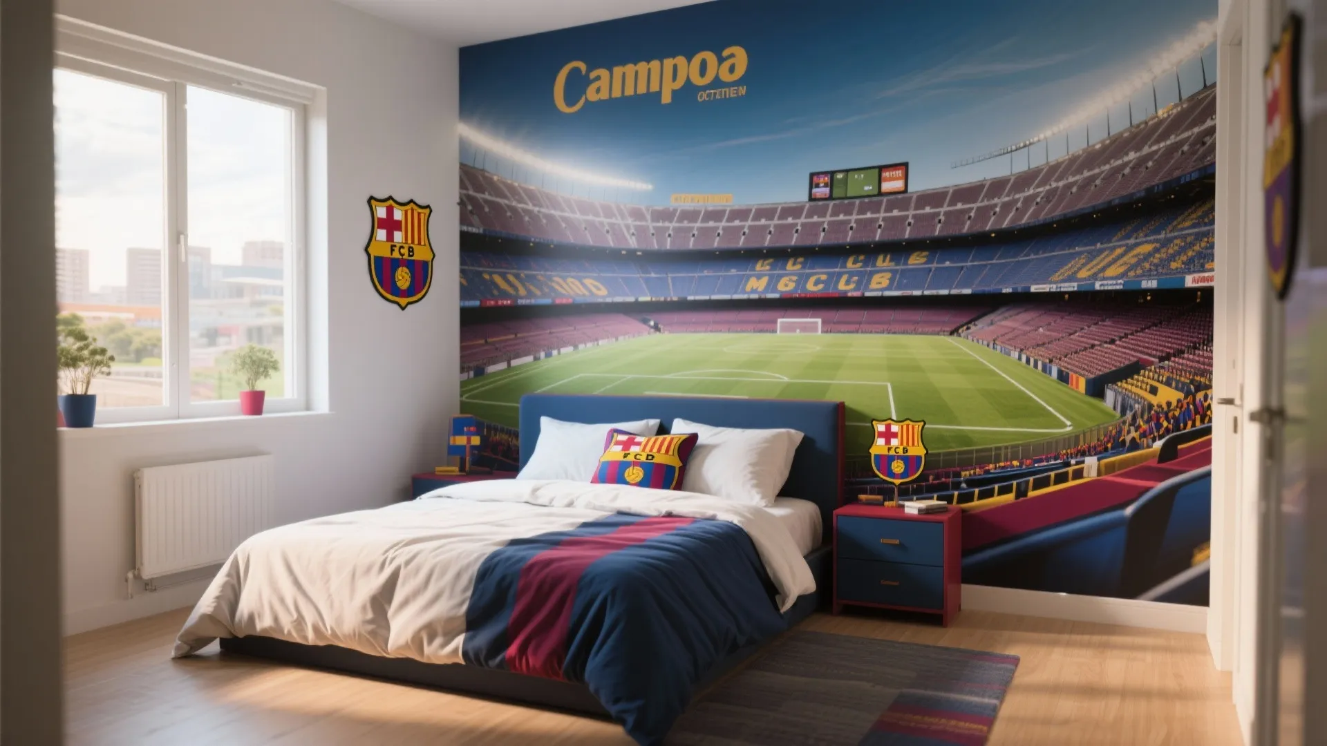 Football themed bedroom featuring a large stadium wall mural behind a blue bed and window