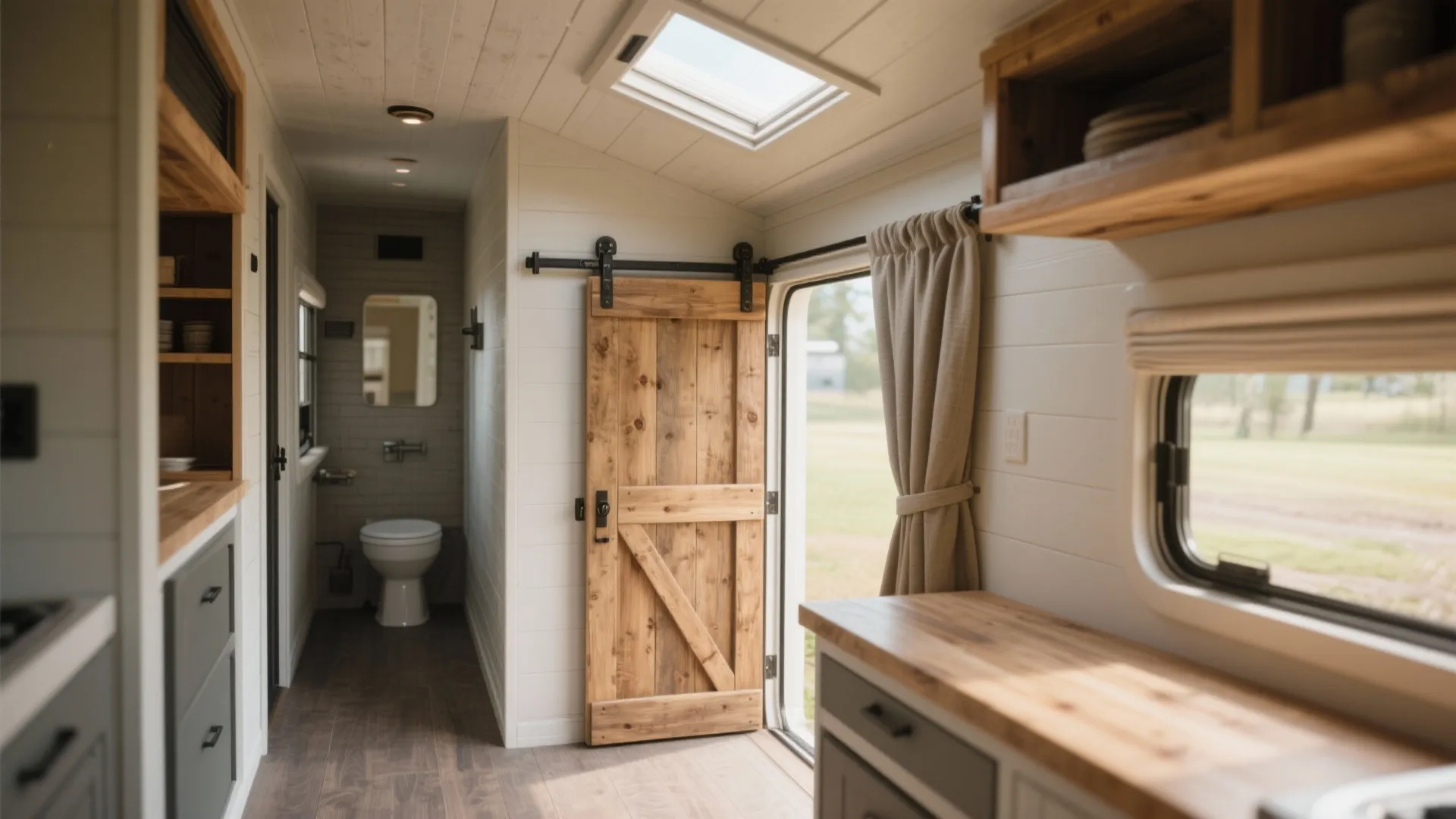 Camper interior featuring wooden barn door, roof window, small bathroom, white walls, and wood counters