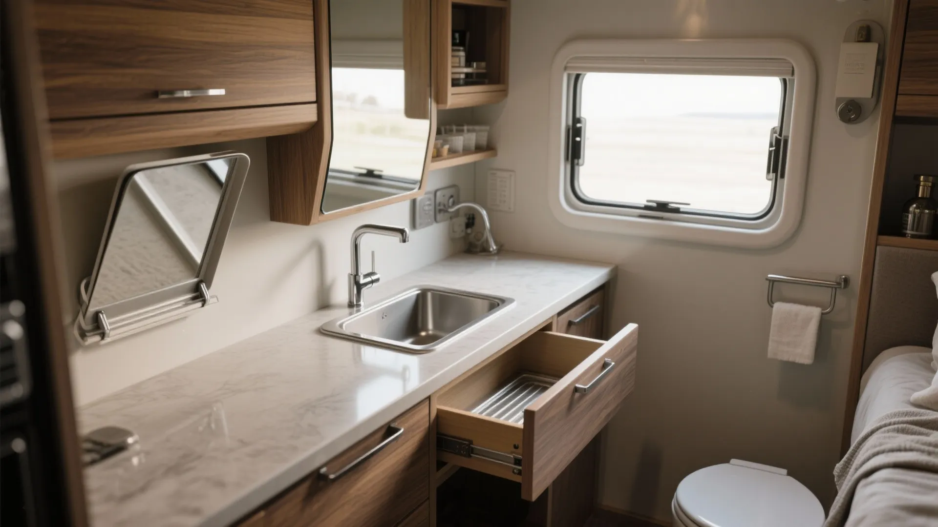 Compact camper kitchen with wooden cabinets and marble countertop plus stainless steel sink and white toilet