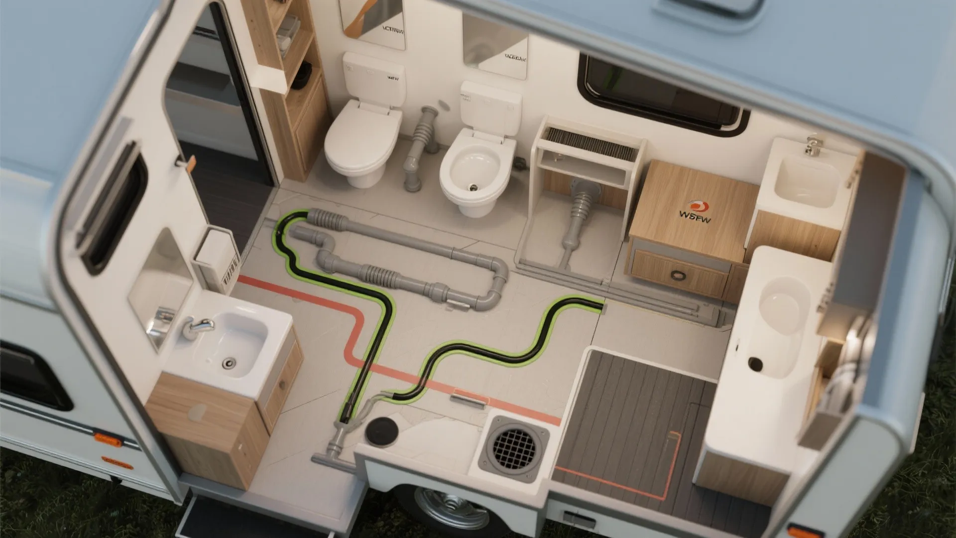 Top-down camper layout showing plumbing alignment and ventilation for two bathrooms.