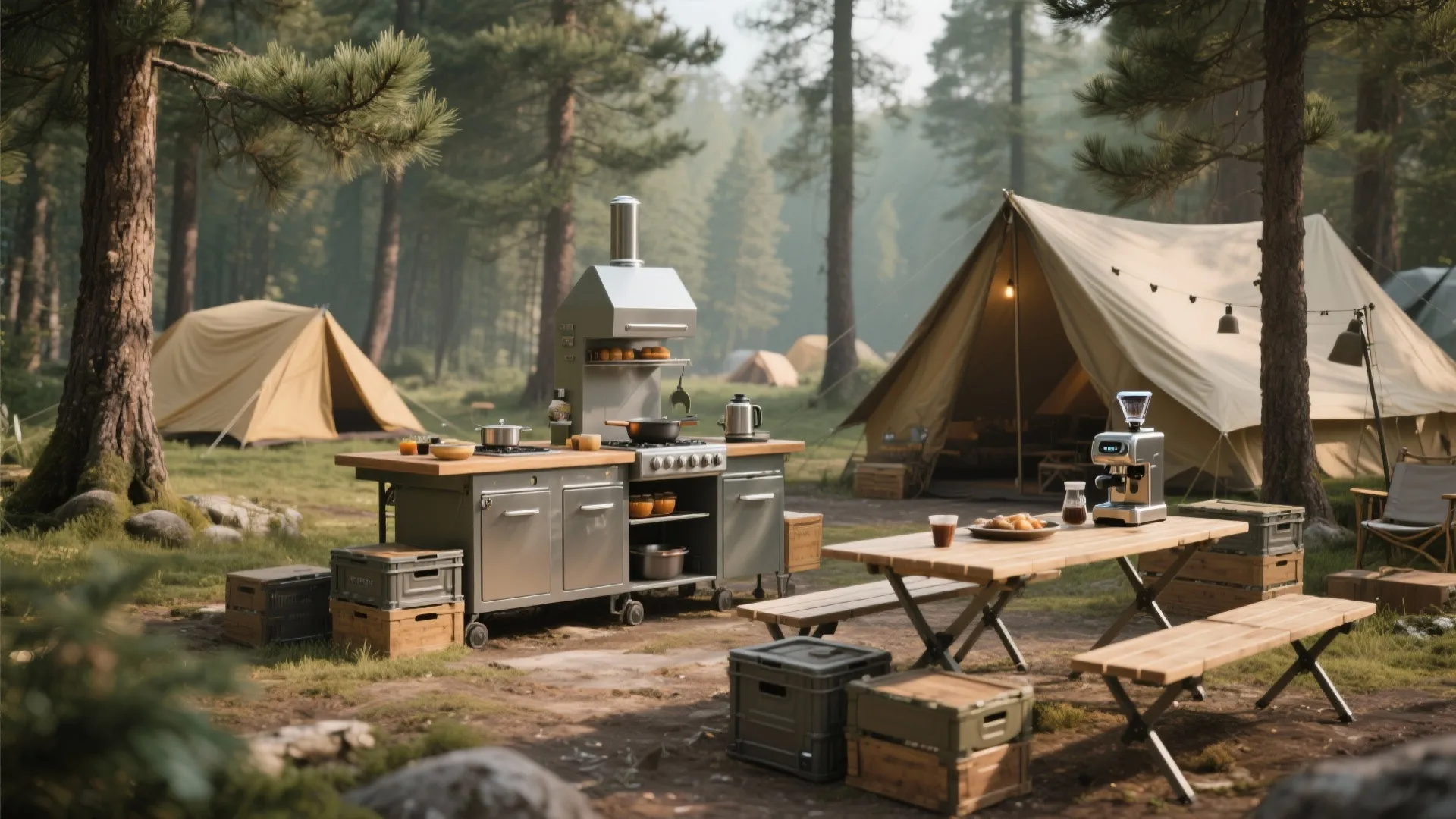 Outdoor camping kitchen area with a portable stove wooden dining table and large beige tents