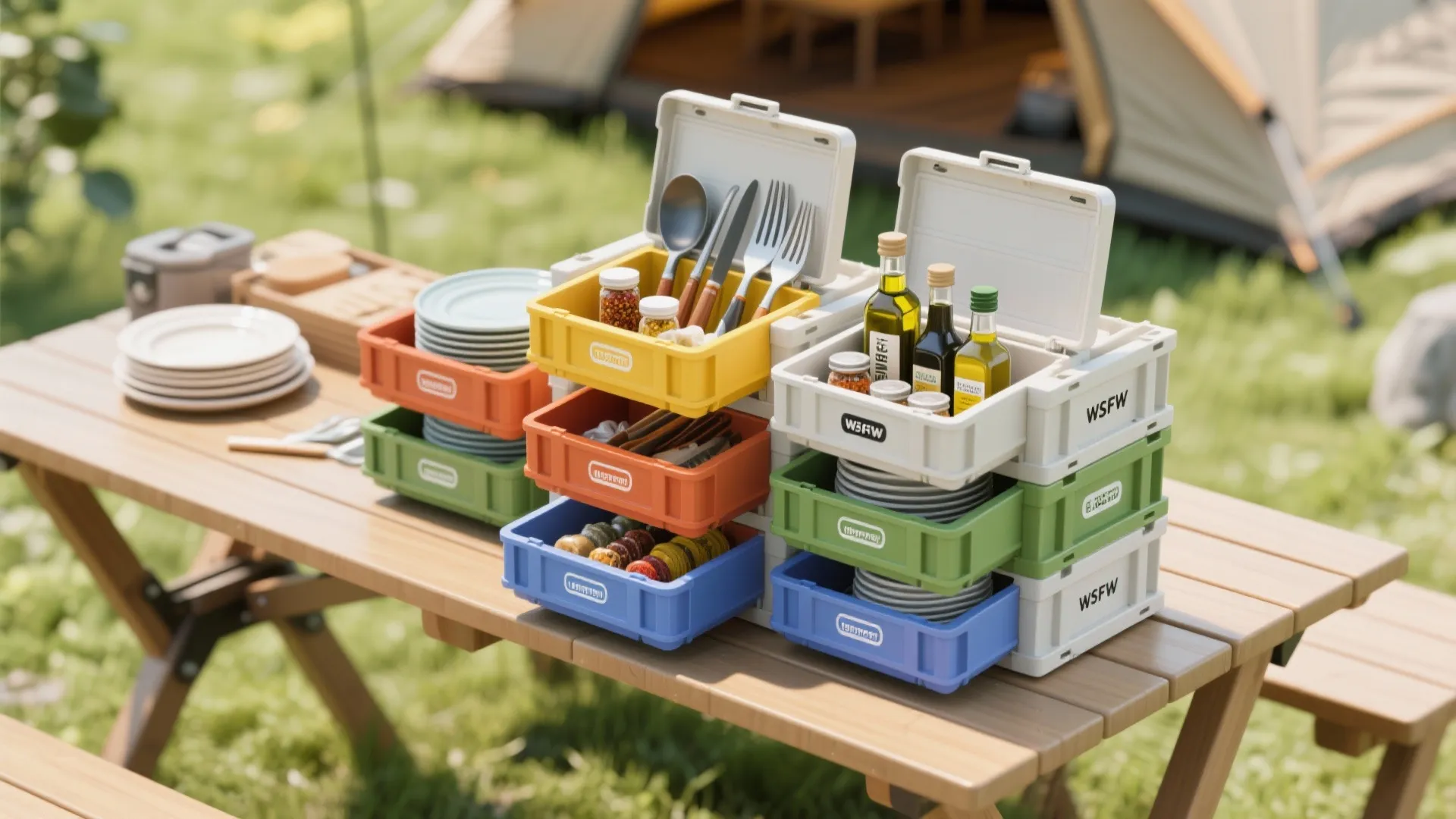 Colorful camping storage boxes stacked on a wooden table holding plates cutlery and small bottles