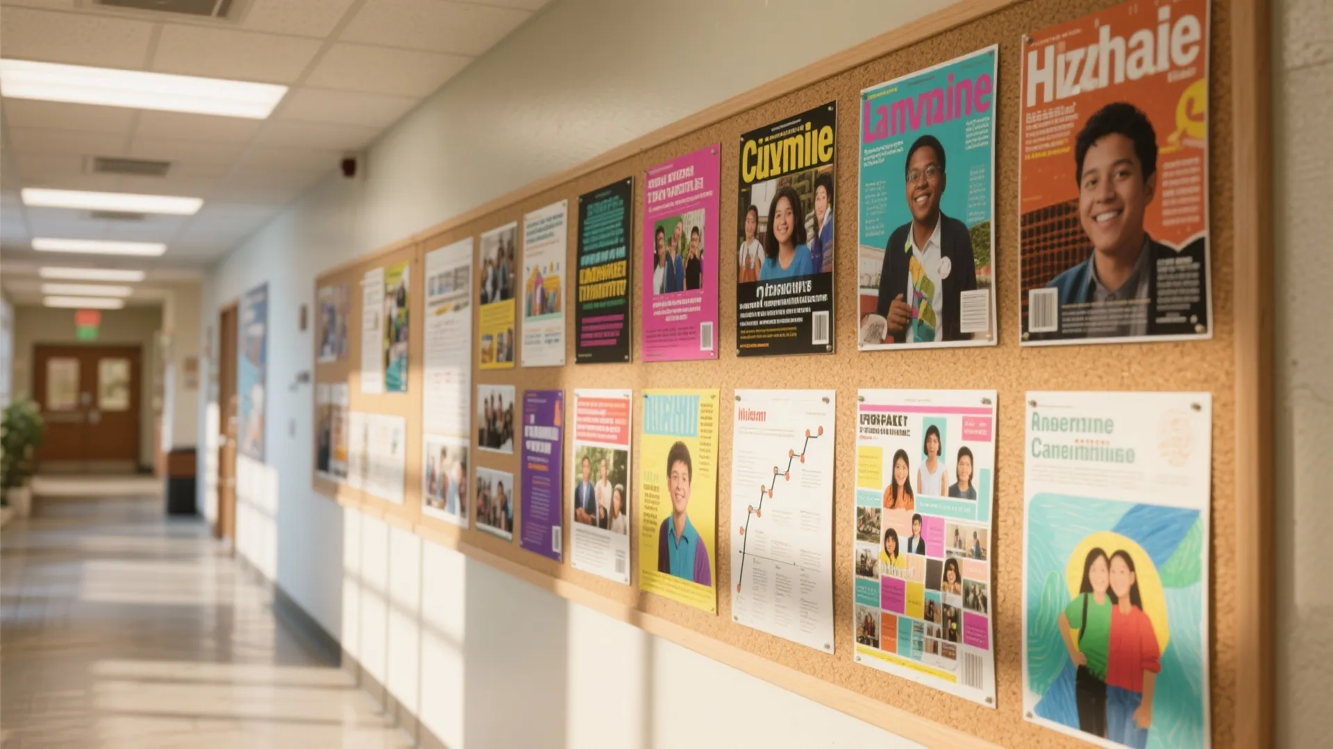 Cork board on hallway wall filled with colorful posters showing various student faces and text