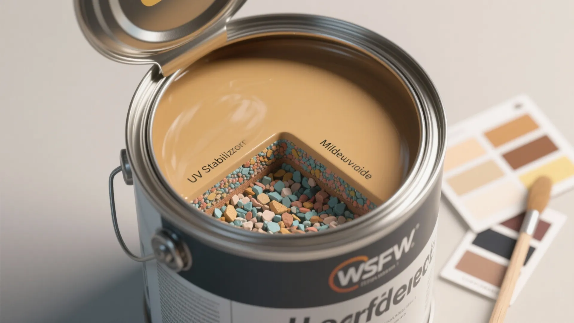 Open paint can showing a cross section of internal layers with colorful minerals and beige liquid