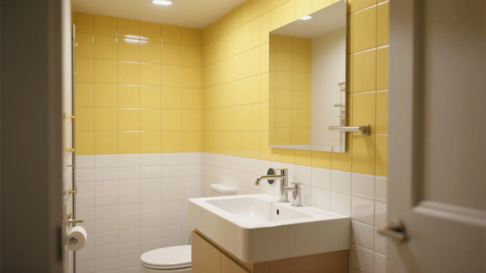 Bathroom interior with yellow and white square wall tiles featuring a white sink and cabinet